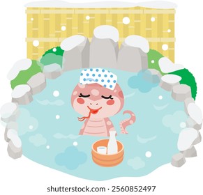 A snake which takes outdoor bath with snow in the winter. Vector illustration.