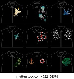 snake, white lace, Swallow, goldfish, hummingbird, phoenix, golden bird, flowers, white lace. traditional stylish fashionable floral embroidery on the black background. design. vector, trend