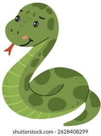 Snake, wild animal with green patterned body in hand drawn, doodle style. Suitable for kids materials and jungle themed designs. White background.