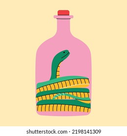 Snake wine in simple flat line style. Vector cartoon colorful illustration. Folk medicine, medicinal drink, sample, mummification, research, biology, alcoholized snake in a jar. Trending sticker icon.