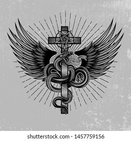 Snake with wings wrapped around a cross with pentagram. Hand drawn vector illustration in engraving technique with star rays on grunge background. Ancient occult satanic symbol.
