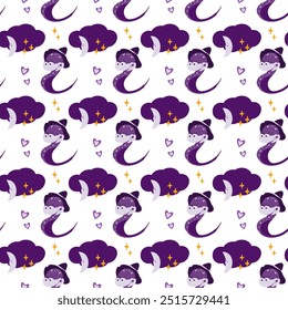 Snake in witch hat and crescent with cloud, stars and hearts Cute magic characters Seamless pattern