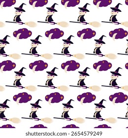 Snake in Witch hat flying on Broom and Crescent moon on Cloud with Decorative Stars Seamless Pattern