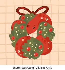 Snake wrap around Christmas wreath. Symbol of New 2025 Chinese Year. Cute vector illustration. Template for greeting card