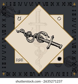 snake wrap around sword alchemical symbol design engraving vector illustration in vintage old medieval style