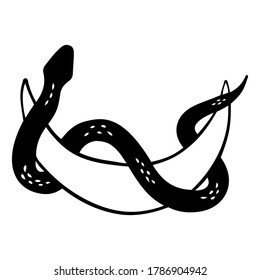 Snake wrapped around the crescent moon. Moon Phase. Halloween and gothic aesthetic. Print for greeting cards, invitations, stationery, labels, tags, logo and branding. Black silhouette vector.