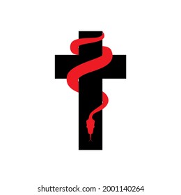 Snake wrapped around the cross shape. Vector icon and symbol.