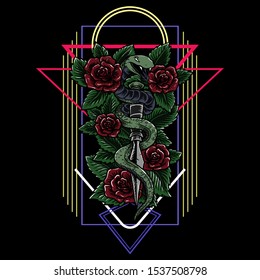 snake wrapped around a dagger surrounded by roses with sacred geometry background. tattoo illustration