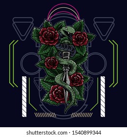 snake wrapped around a dagger surrounded by roses with sacred geometry background. tattoo illustration