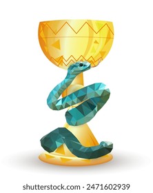 Snake wrapped around gold cup. Polygonal illustration emerald-colored snake. Poly low design. medicine symbol vector 2025