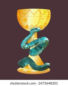 Snake wrapped around gold cup. Polygonal illustration emerald-colored snake. Poly low design. medicine symbol vector 2025 on dark background