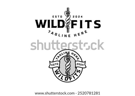 snake wrapped around olympic bar outline badge logo design set for gym fitness sport. barbell power bar with viper, python illustration logo template for bodybuilding, weightlifting club 
