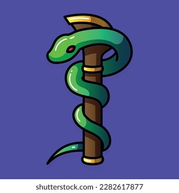 A snake wrapped around staff purple background
