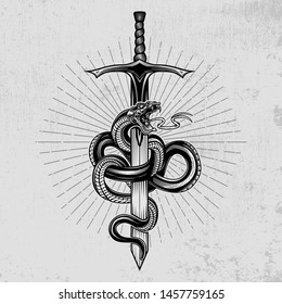 Snake wrapped around a sword. Hand drawn vector illustration in engraving technique with star rays and grunge background. Ancient symbol concept. 
