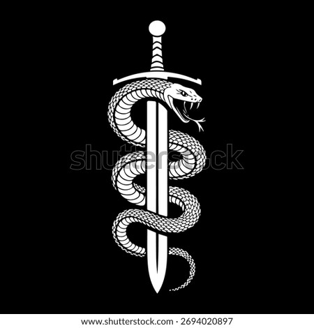 Snake Wrapped Around Sword Logo Design in Black and White. Serpent and Sword Vector Emblem on Dark Background. Minimalist Snake Coiled on Sword Symbol Illustration. Monochrome Snake and Dagger Tattoo 