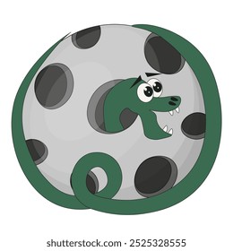 The snake wrapped the moon and climbed out of the lunar crater. Lunar symbol chinese 2025 new year. Vector flat illustration can used greeting card poster cover design and t-shirt print. EPS 10