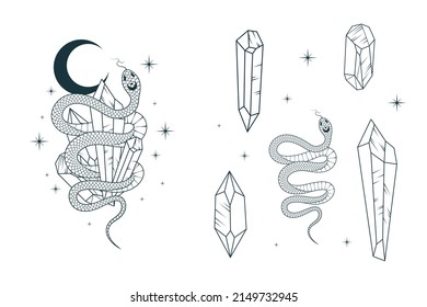 A snake wrapping around a crystal on the background of the stars and the moon, crystal icons and line elements. Hand drawn vector isolated set for witchcraft design.