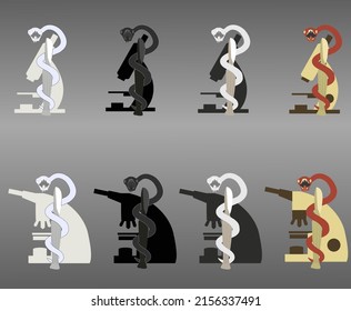 A snake wrapping around a scalpel and with a microscope, a symbol of pathology, vector