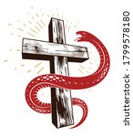 Snake wraps around Christian cross, the struggle between good and evil, saint and sinner, love and hate, life and death symbolic vector illustration logo, emblem or tattoo.