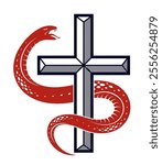 Snake wraps around Christian cross, the struggle between good and evil, saint and sinner, love and hate, life and death symbolic vector illustration logo, emblem or tattoo.