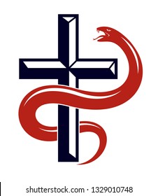 Snake wraps around Christian cross, the struggle between good and evil, saint and sinner, love and hate, life and death symbolic vector illustration logo, emblem or tattoo.
