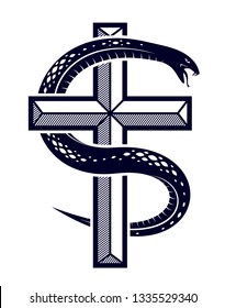 Snake wraps around Christian cross, the struggle between good and evil, saint and sinner, love and hate, life and death symbolic vector illustration logo, emblem or tattoo.