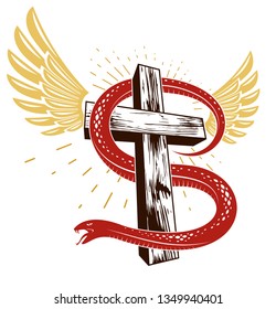Snake wraps around Christian cross, the struggle between good and evil, saint and sinner, love and hate, life and death symbolic vector illustration logo, emblem or tattoo.