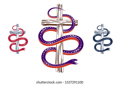 Snake wraps around Christian cross, the struggle between good and evil, saint and sinner, love and hate, life and death symbolic vector illustration logo, emblem or tattoo.