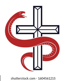 Snake wraps around Christian cross, the struggle between good and evil, saint and sinner, love and hate, life and death symbolic vector illustration logo, emblem or tattoo.