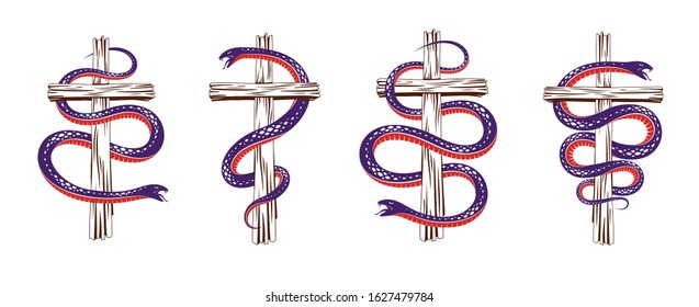 Snake wraps around Christian cross, the struggle between good and evil, saint and sinner, love and hate, life and death symbolic vector illustration logo, emblem or tattoo.