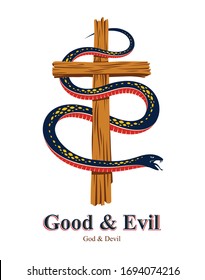 Snake wraps around Christian cross, the struggle between good and evil, saint and sinner, love and hate, life and death symbolic vector illustration logo, emblem or tattoo.