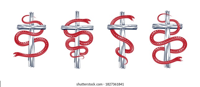 Snake wraps around Christian cross, the struggle between good and evil, saint and sinner, love and hate, life and death symbolic vector illustration logo, emblem or tattoo.