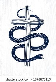 Snake wraps around Christian cross, the struggle between good and evil, saint and sinner, love and hate, life and death symbolic vector illustration logo, emblem or tattoo.