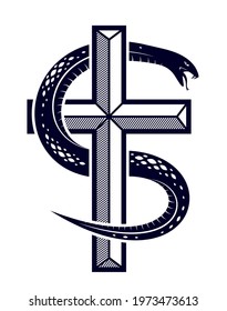 Snake wraps around Christian cross, the struggle between good and evil, saint and sinner, love and hate, life and death symbolic vector illustration logo, emblem or tattoo.