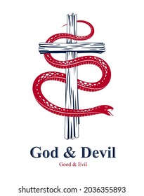 Snake wraps around Christian cross, the struggle between good and evil, saint and sinner, love and hate, life and death symbolic vector illustration logo, emblem or tattoo.