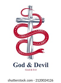 Snake wraps around Christian cross, the struggle between good and evil, saint and sinner, love and hate, life and death symbolic vector illustration logo, emblem or tattoo.