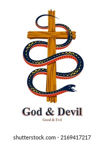 Snake wraps around Christian cross, the struggle between good and evil, saint and sinner, love and hate, life and death symbolic vector illustration logo, emblem or tattoo.