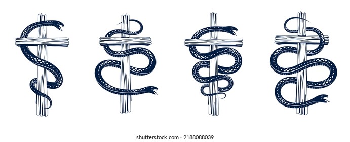 Snake wraps around Christian cross, the struggle between good and evil, saint and sinner, love and hate, life and death symbolic vector illustration logo, emblem or tattoo.