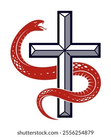 Snake wraps around Christian cross, the struggle between good and evil, saint and sinner, love and hate, life and death symbolic vector illustration logo, emblem or tattoo.