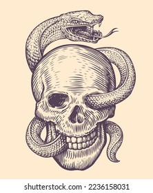 Snake wraps around human skull. Hand drawn sketch in vintage engraving style. Tattoo vector illustration
