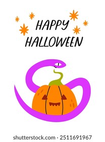 The snake wraps around the pumpkin. Happy Halloween text. Vector cartoon illustration for print.