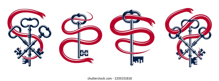 Snake wraps around vintage key, protected secret concept, turnkey and serpent old style tattoo, vector symbol logo or emblem.