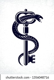 Snake wraps around vintage key, protected secret concept, turnkey and serpent old style tattoo, vector symbol logo or emblem.
