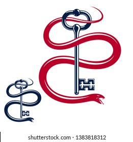 Snake wraps around vintage key, protected secret concept, turnkey and serpent old style tattoo, vector symbol logo or emblem.