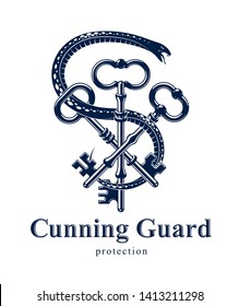 Snake wraps around vintage key, protected secret concept, turnkey and serpent old style tattoo, vector symbol logo or emblem.