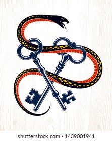 Snake wraps around vintage key, protected secret concept, turnkey and serpent old style tattoo, vector symbol logo or emblem.