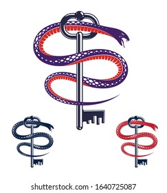 Snake wraps around vintage key, protected secret concept, turnkey and serpent old style tattoo, vector symbol logo or emblem.