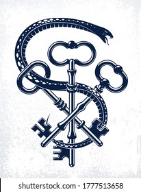 Snake wraps around vintage key, protected secret concept, turnkey and serpent old style tattoo, vector symbol logo or emblem.