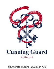 Snake wraps around vintage key, protected secret concept, turnkey and serpent old style tattoo, vector symbol logo or emblem.