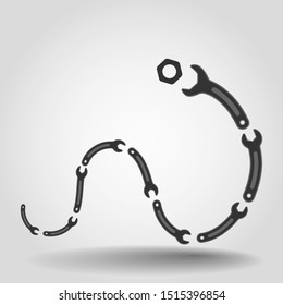 Сharacter of the Snake wrench trys to bite a nut, Hard sell funny repair services background
